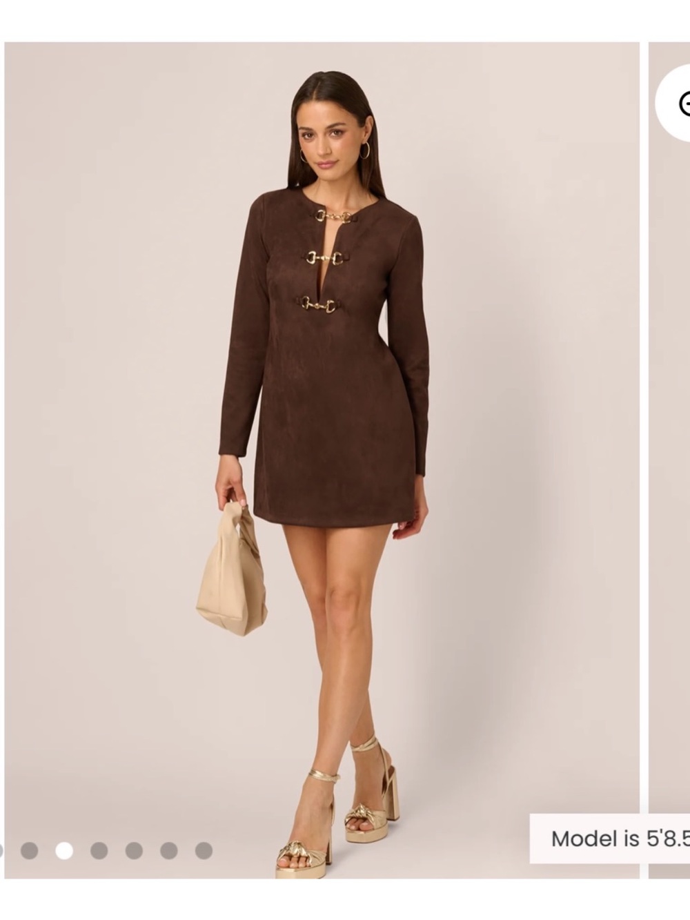 Adrianna Papell Chocolate Brown Long-Sleeve Mini Dress with Gold Clasps